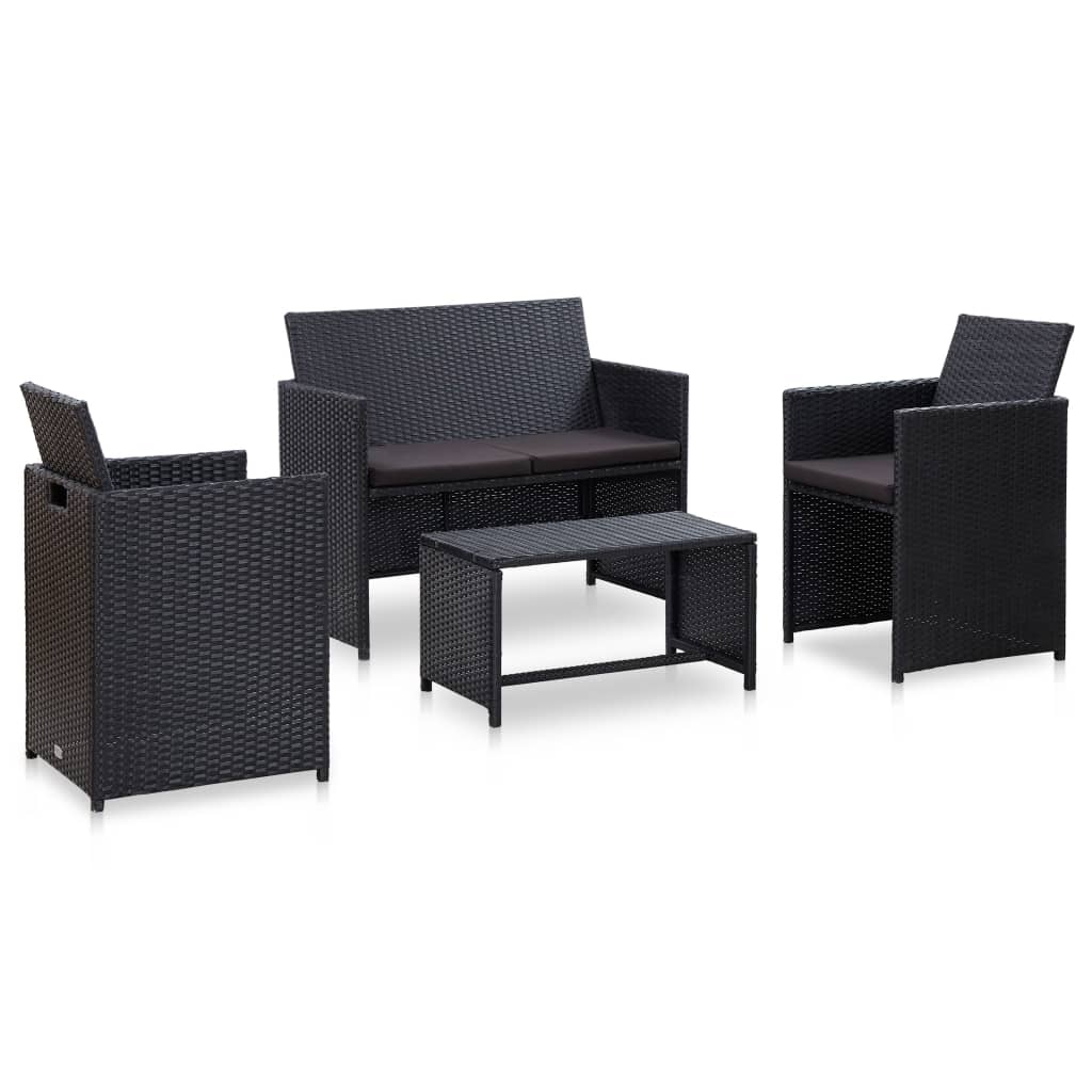4 pcs conjunto lounge de jardim c/ almofadões vime PE preto
