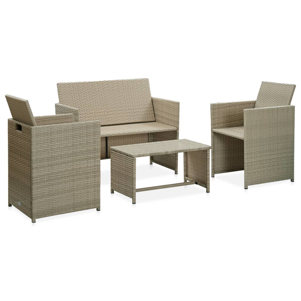 4 pcs conjunto lounge de jardim c/ almofadões vime PE bege
