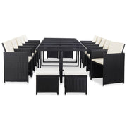 15 pcs conjunto jantar exterior com almofadões vime PE preto