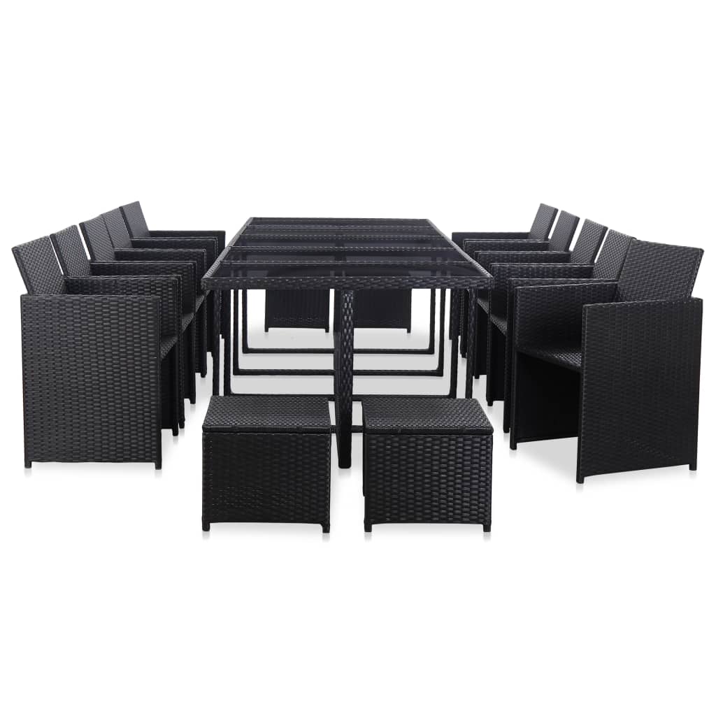 15 pcs conjunto jantar exterior com almofadões vime PE preto