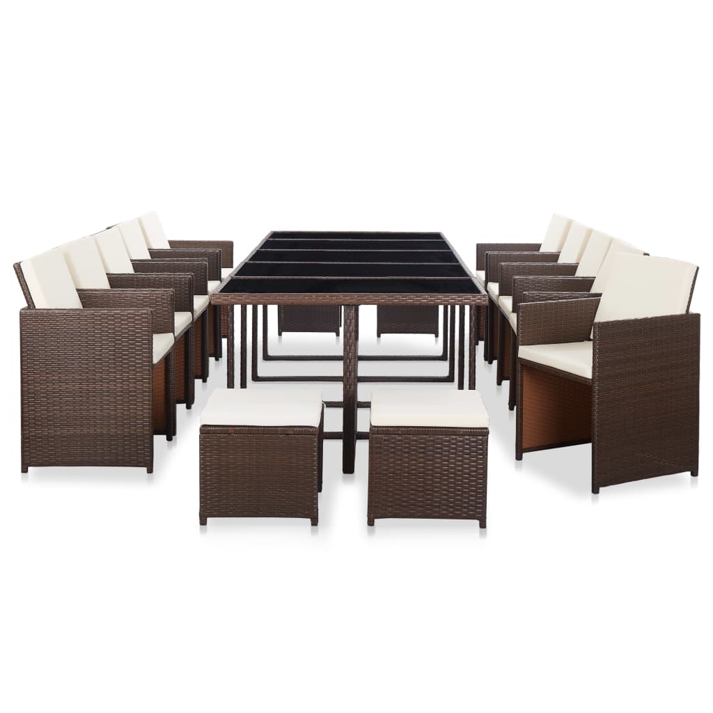 15 pcs conjunto jantar exterior com almofadões vime PE castanho