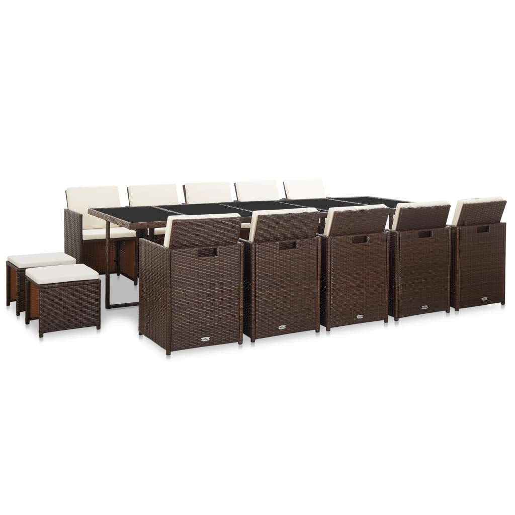 15 pcs conjunto jantar exterior com almofadões vime PE castanho