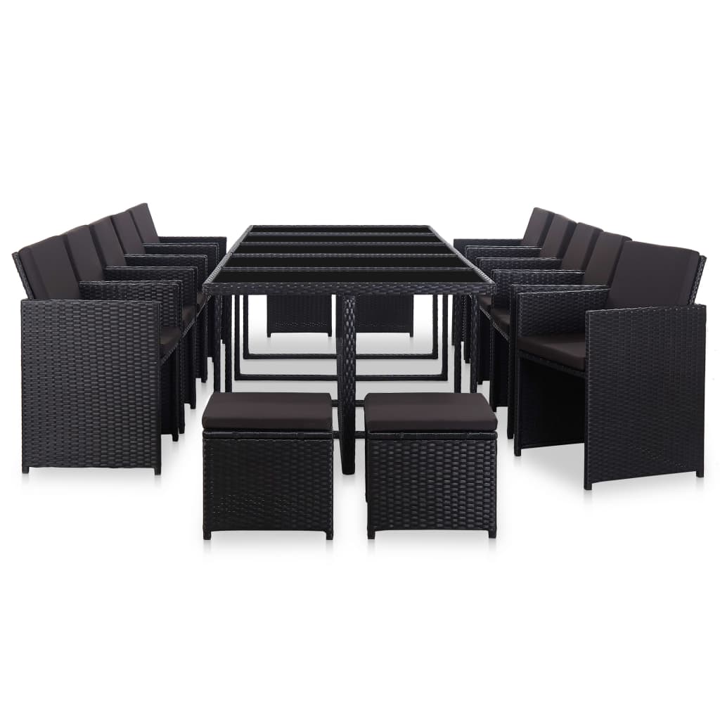 15 pcs conjunto jantar exterior com almofadões vime PE preto