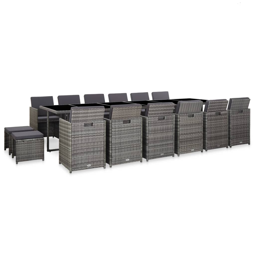 17 pcs conjunto jantar exterior com almofadões vime PE cinzento