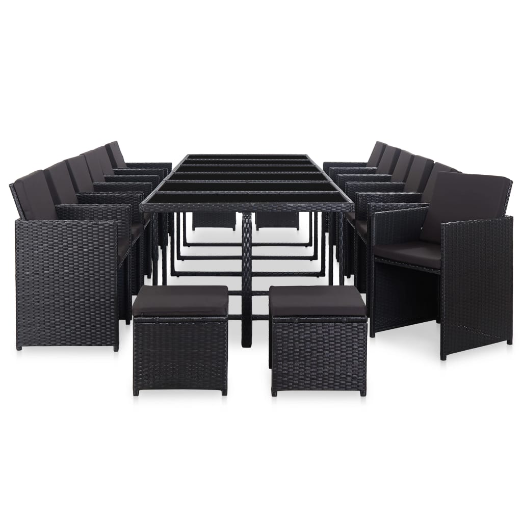 17 pcs conjunto jantar exterior com almofadões vime PE preto