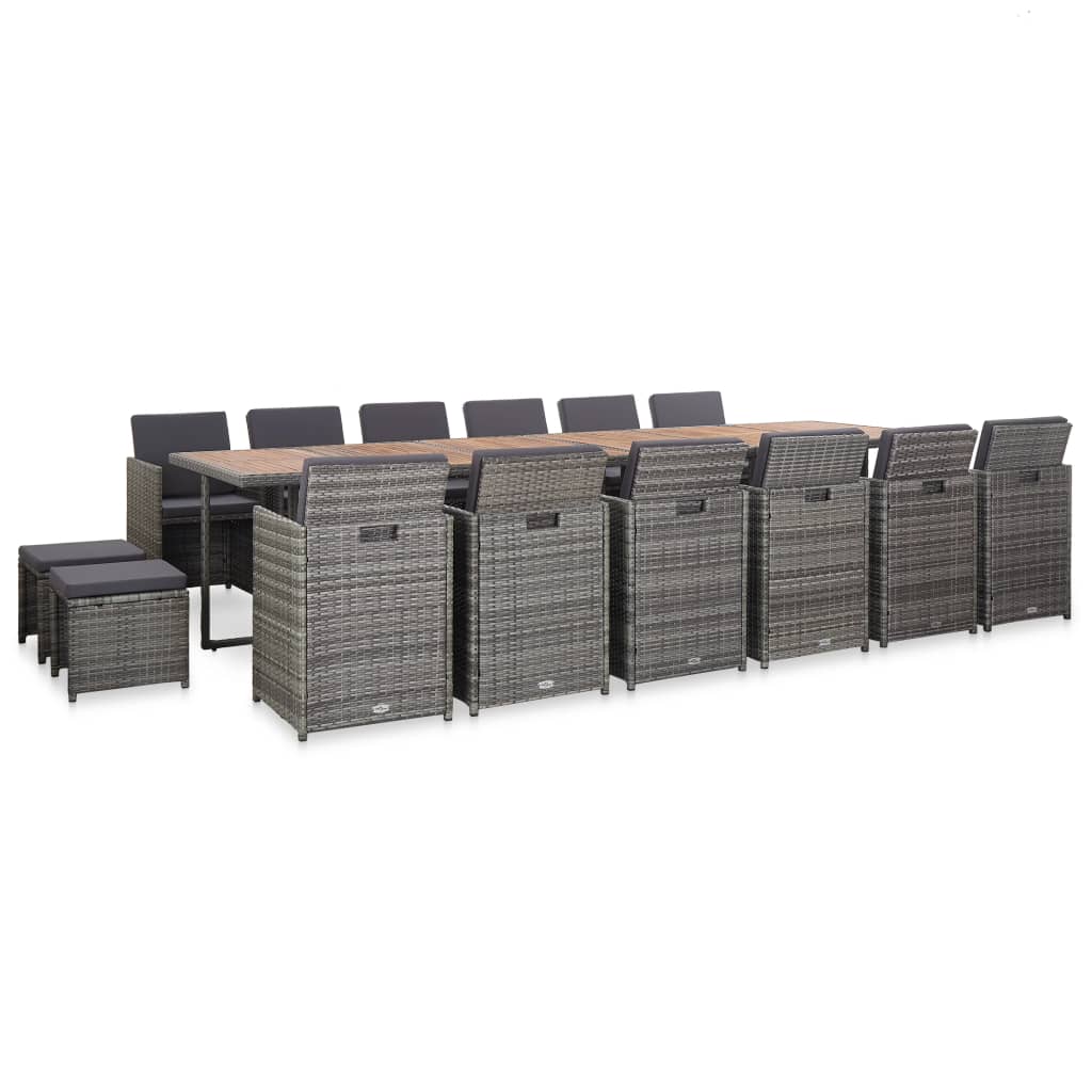 17 pcs conjunto jantar exterior com almofadões vime PE cinzento