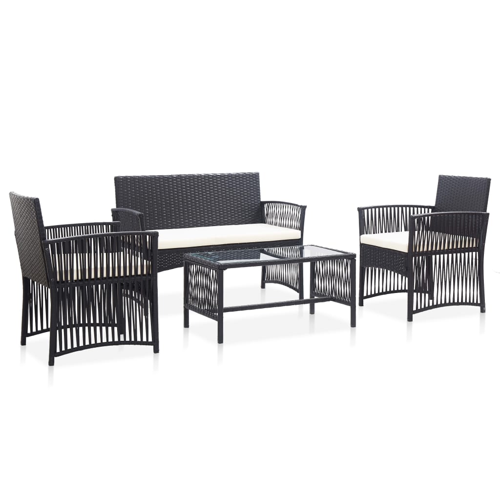 4 pcs conjunto lounge de jardim c/ almofadões vime PE preto