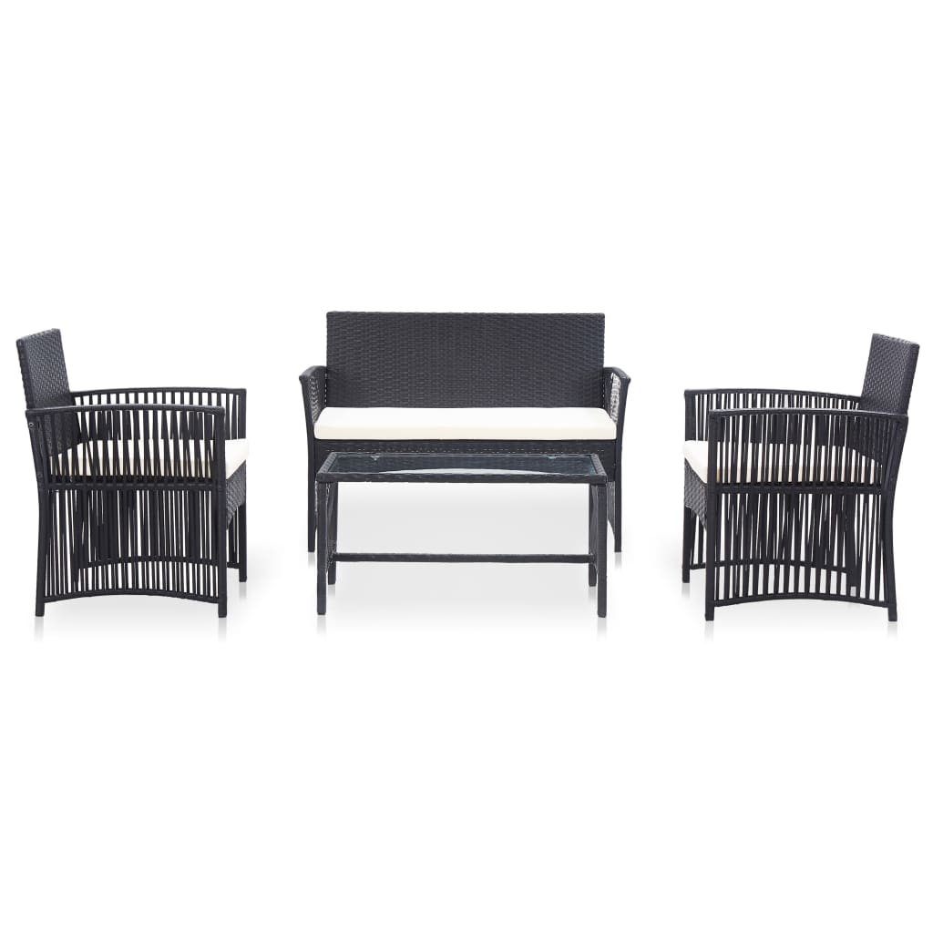 4 pcs conjunto lounge de jardim c/ almofadões vime PE preto