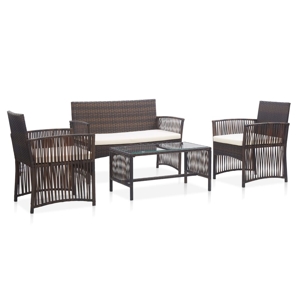 4 pcs conjunto lounge jardim c/ almofadões vime PE castanho