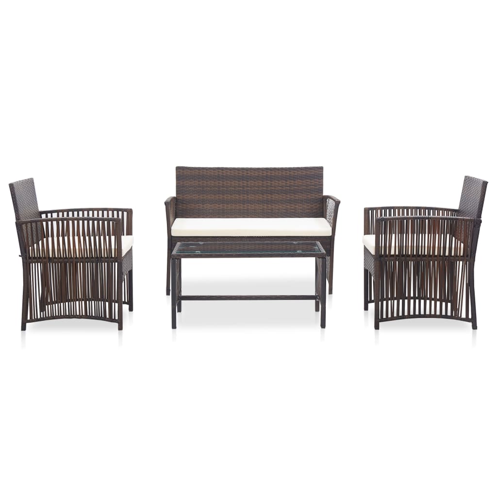 4 pcs conjunto lounge jardim c/ almofadões vime PE castanho
