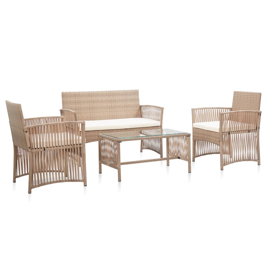 4 pcs conjunto lounge jardim c/ almofadões vime PE bege