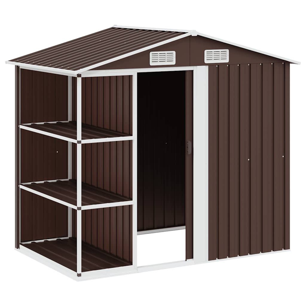 Abrigo de jardim c/ prateleiras 205x130x183 cm ferro castanho