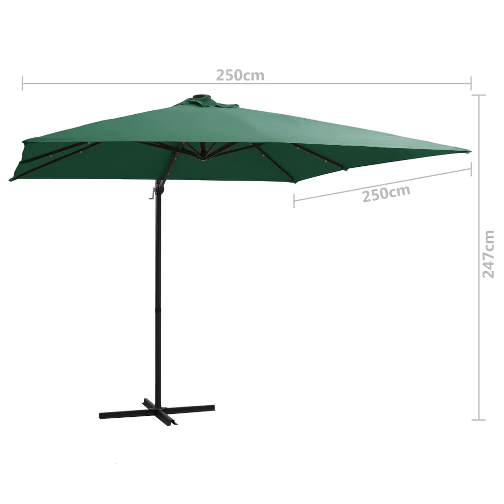 Guarda-sol cantilever c/ luzes LED e poste aço 250x250 cm verde