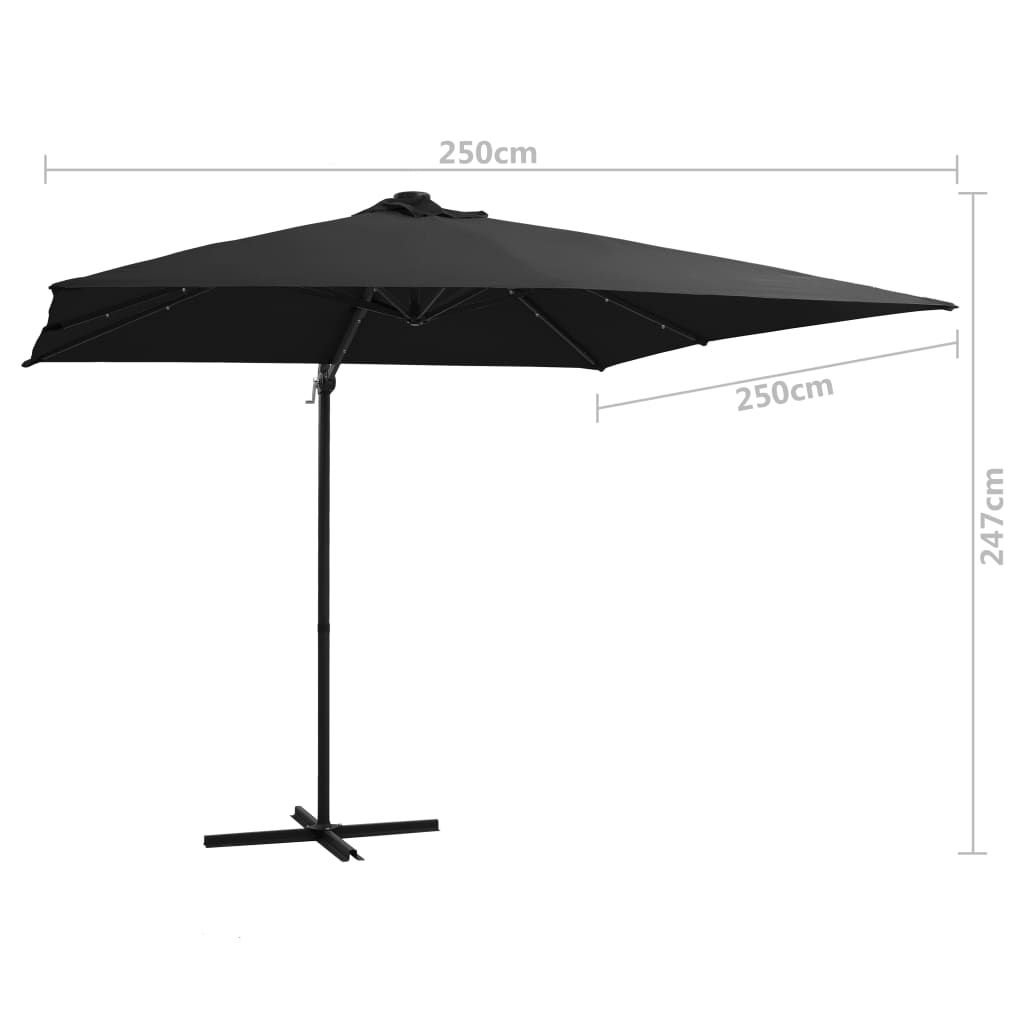 Guarda-sol cantilever c/ luzes LED e poste aço 250x250 cm preto