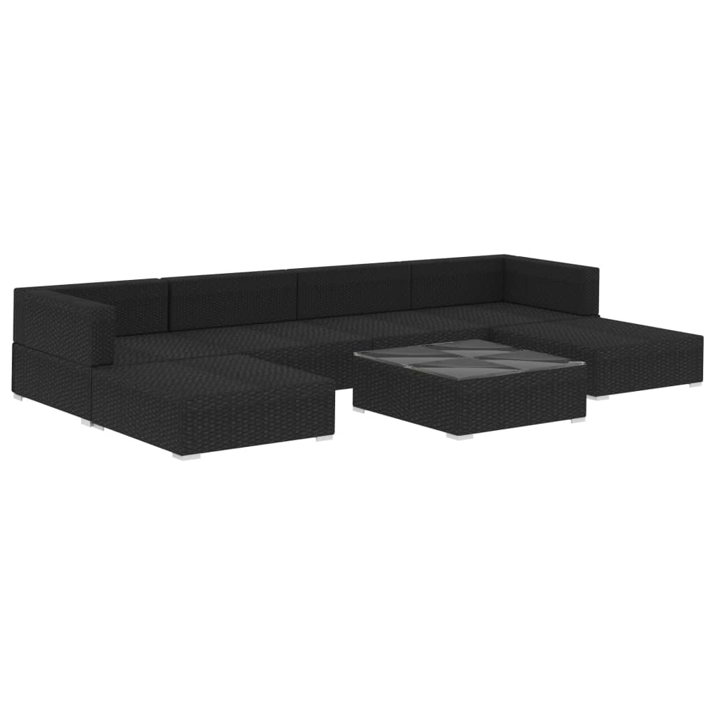 7 pcs conjunto lounge de jardim c/ almofadões vime PE preto