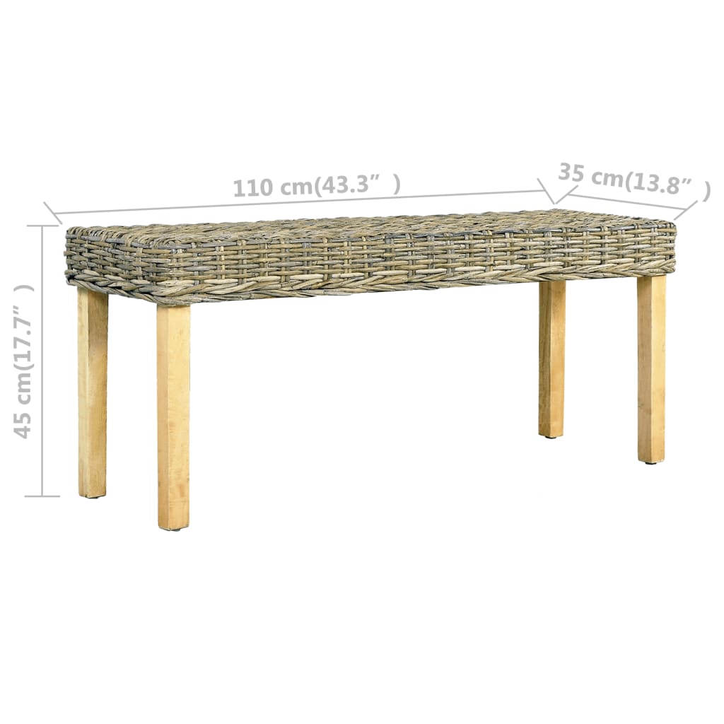 Banco 110cm vime Kubu natural e madeira maciça de mogno branco