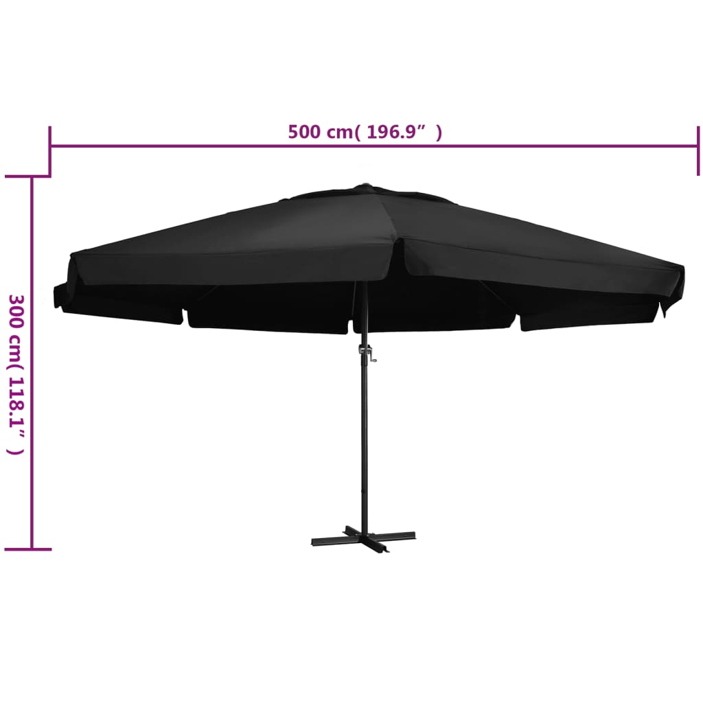 Guarda-sol de jardim com poste de alumínio 500 cm preto