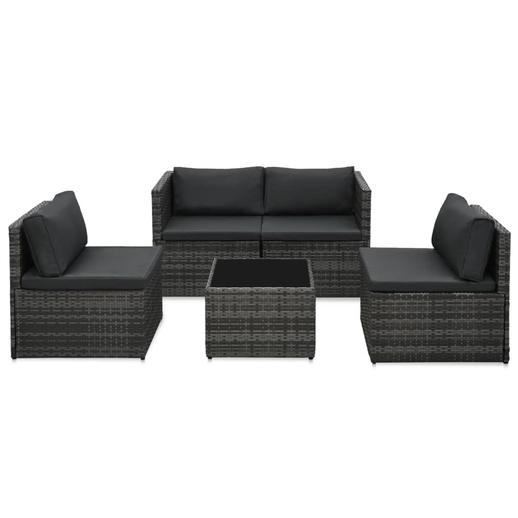 5 pcs conjunto lounge de jardim c/ almofadões vime PE cinzento