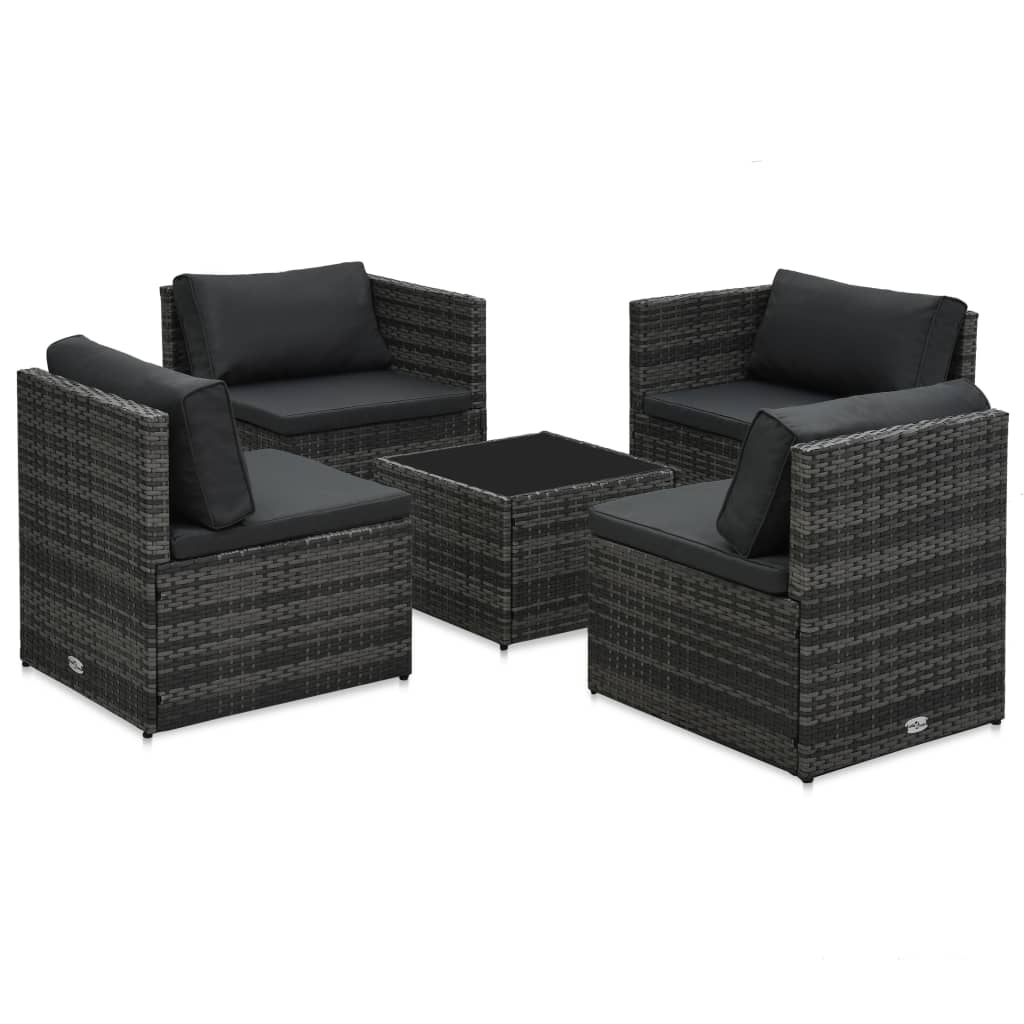 5 pcs conjunto lounge de jardim c/ almofadões vime PE cinzento
