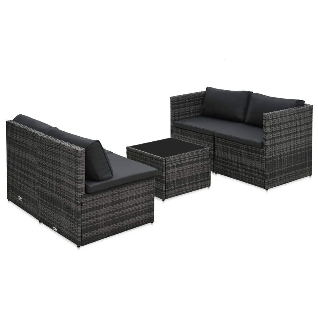 5 pcs conjunto lounge de jardim c/ almofadões vime PE cinzento