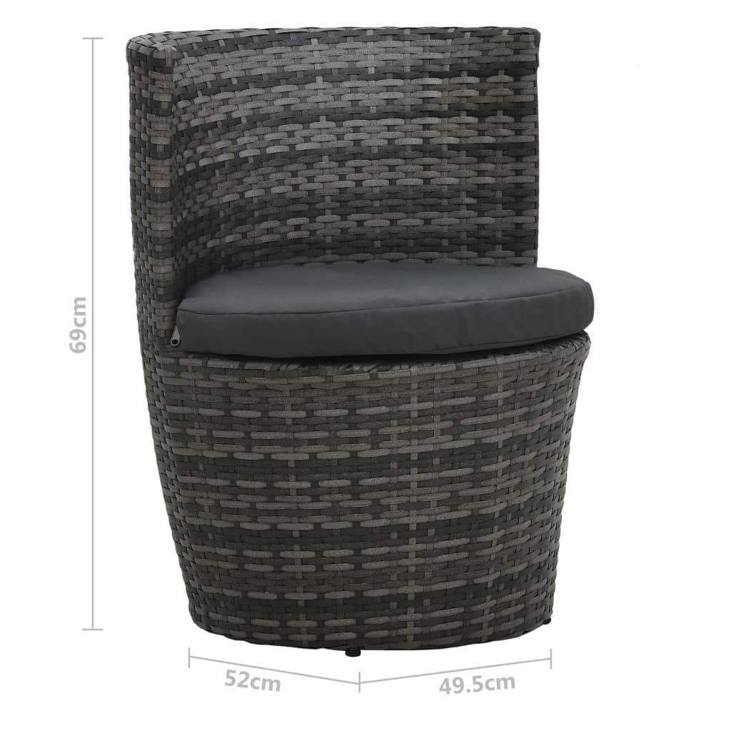 3 pcs conjunto bistrô com almofadões vime PE cinzento