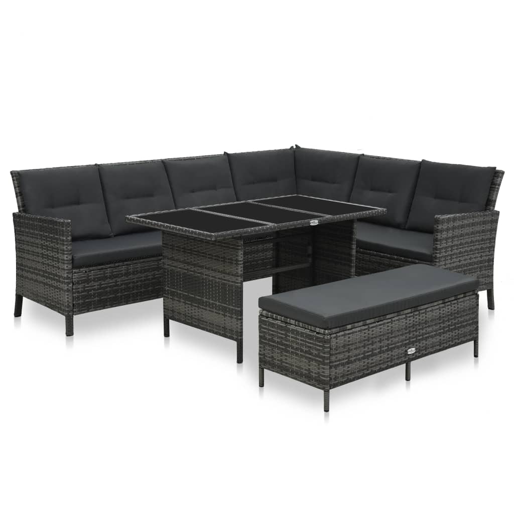 3 pcs conjunto lounge de jardim c/ almofadões vime PE cinzento