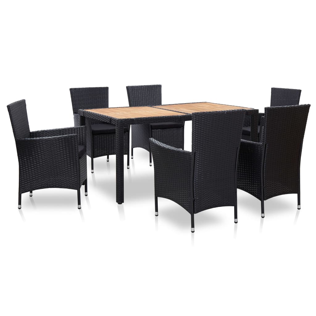 7 pcs conjunto jantar exterior com almofadões vime PE preto