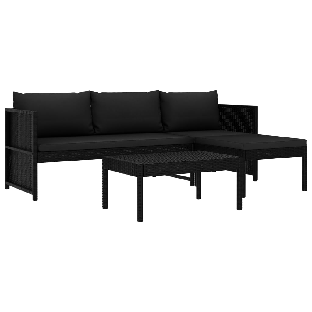 3 pcs conjunto lounge de jardim c/ almofadões vime PE preto