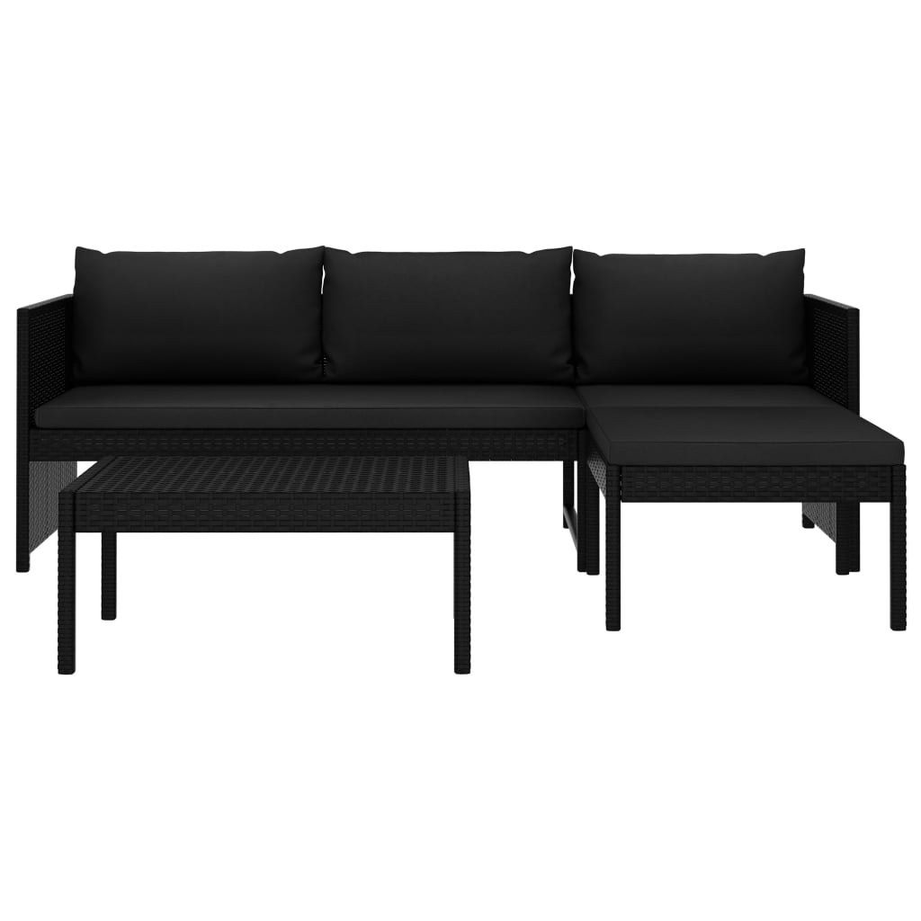3 pcs conjunto lounge de jardim c/ almofadões vime PE preto