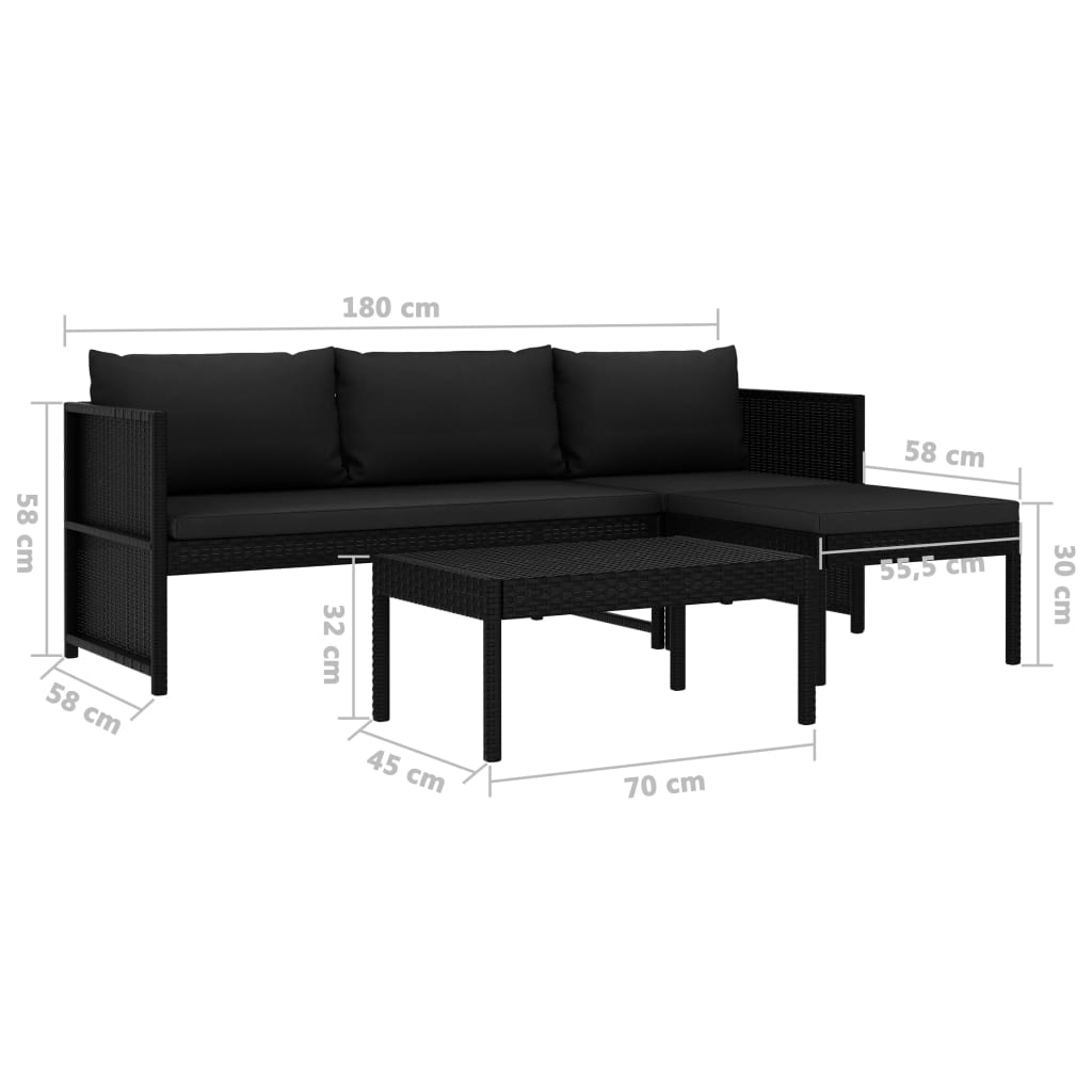 3 pcs conjunto lounge de jardim c/ almofadões vime PE preto