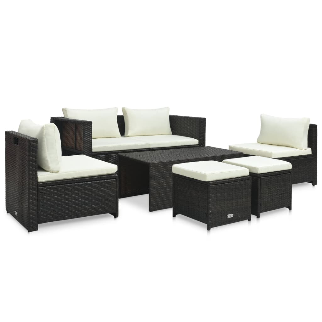 6 pcs conjunto lounge jardim c/ almofadões vime PE castanho