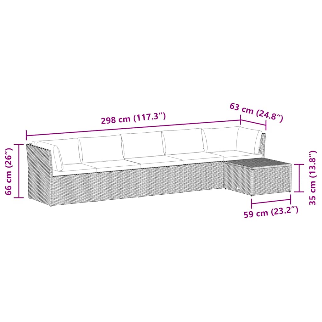 4 pcs conjunto lounge jardim c/ almofadões vime PE castanho