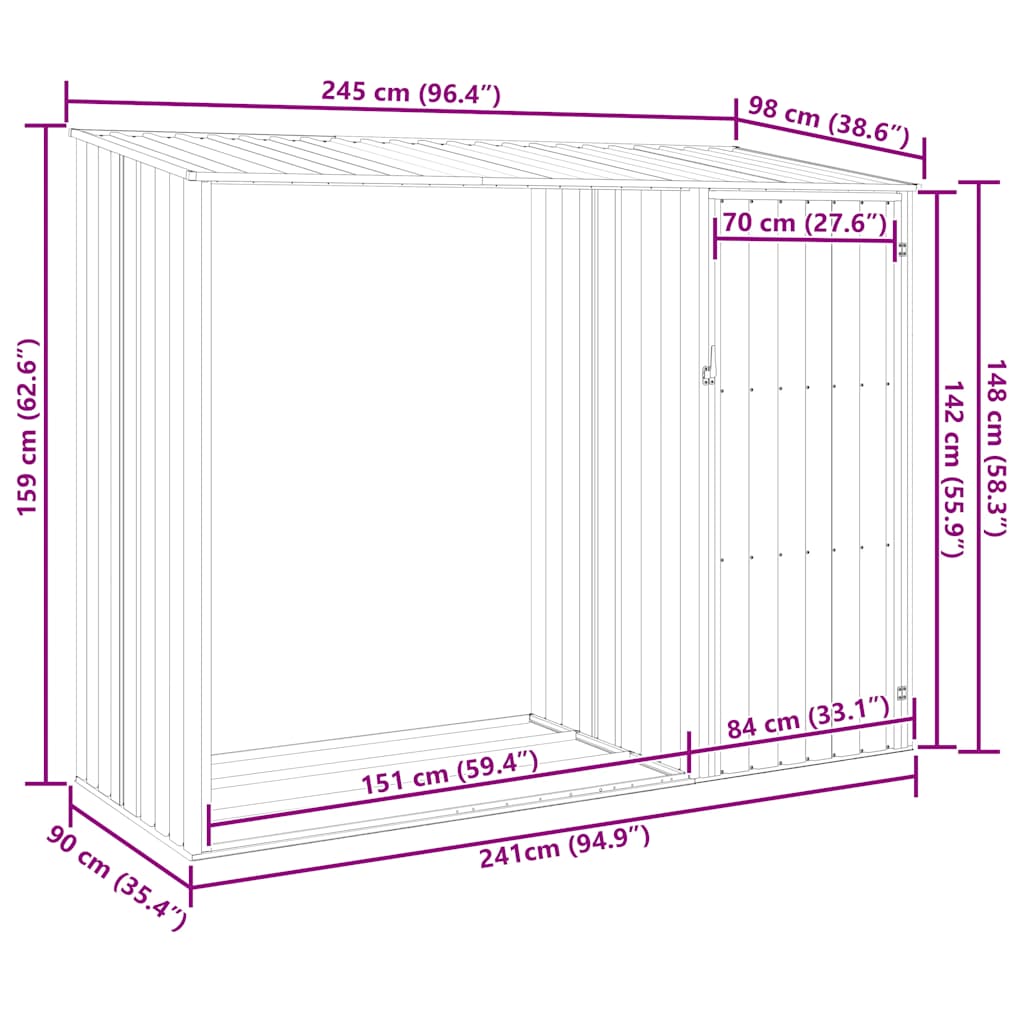 Abrigo de lenha jardim 245x98x159 cm aço galvanizado cinzento