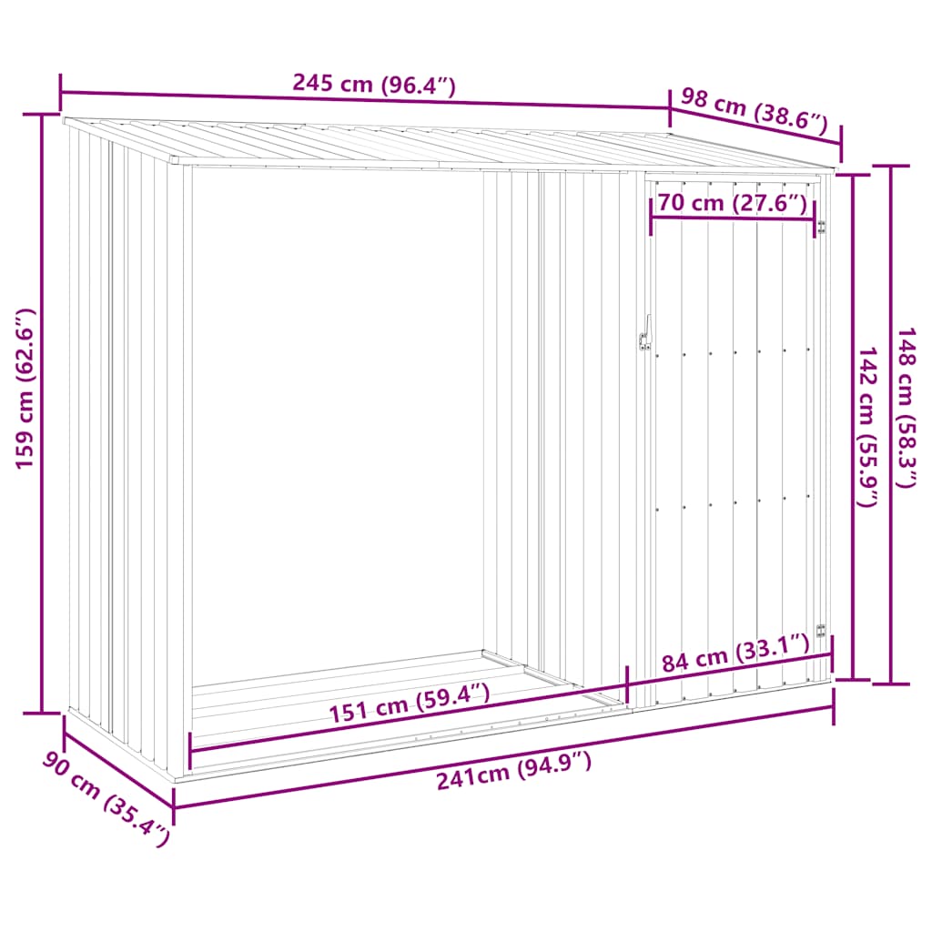 Abrigo de lenha jardim 245x98x159cm aço galvanizado antracite