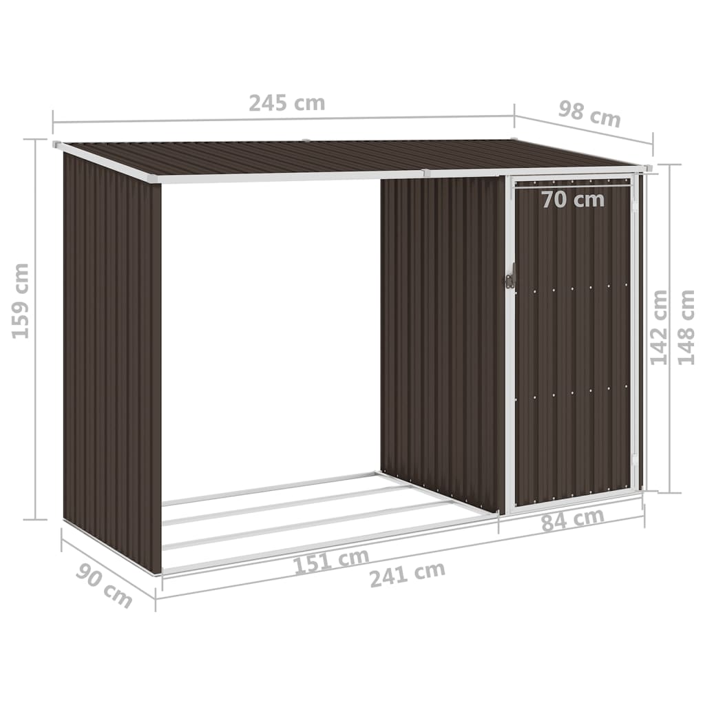 Abrigo de lenha p/ jardim 245x98x159cm aço galvanizado castanho