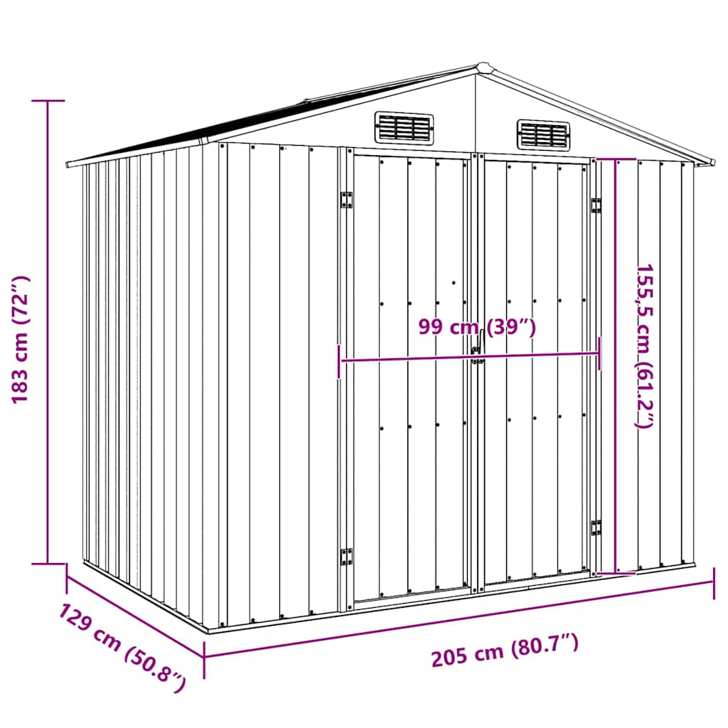 Abrigo de jardim 205x129x183 cm aço galvanizado cinzento