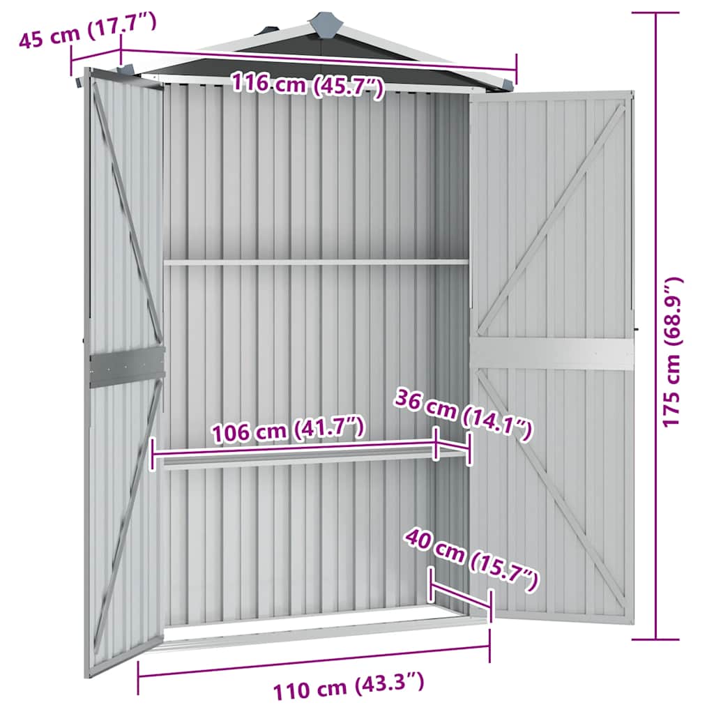 Abrigo de jardim 116x45x175 cm aço galvanizado antracite