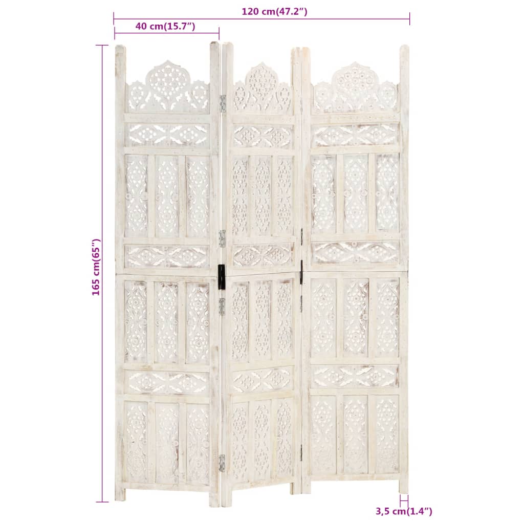 Biombo esculp. mão 5 painéis 200x165cm mangueira maciça branco