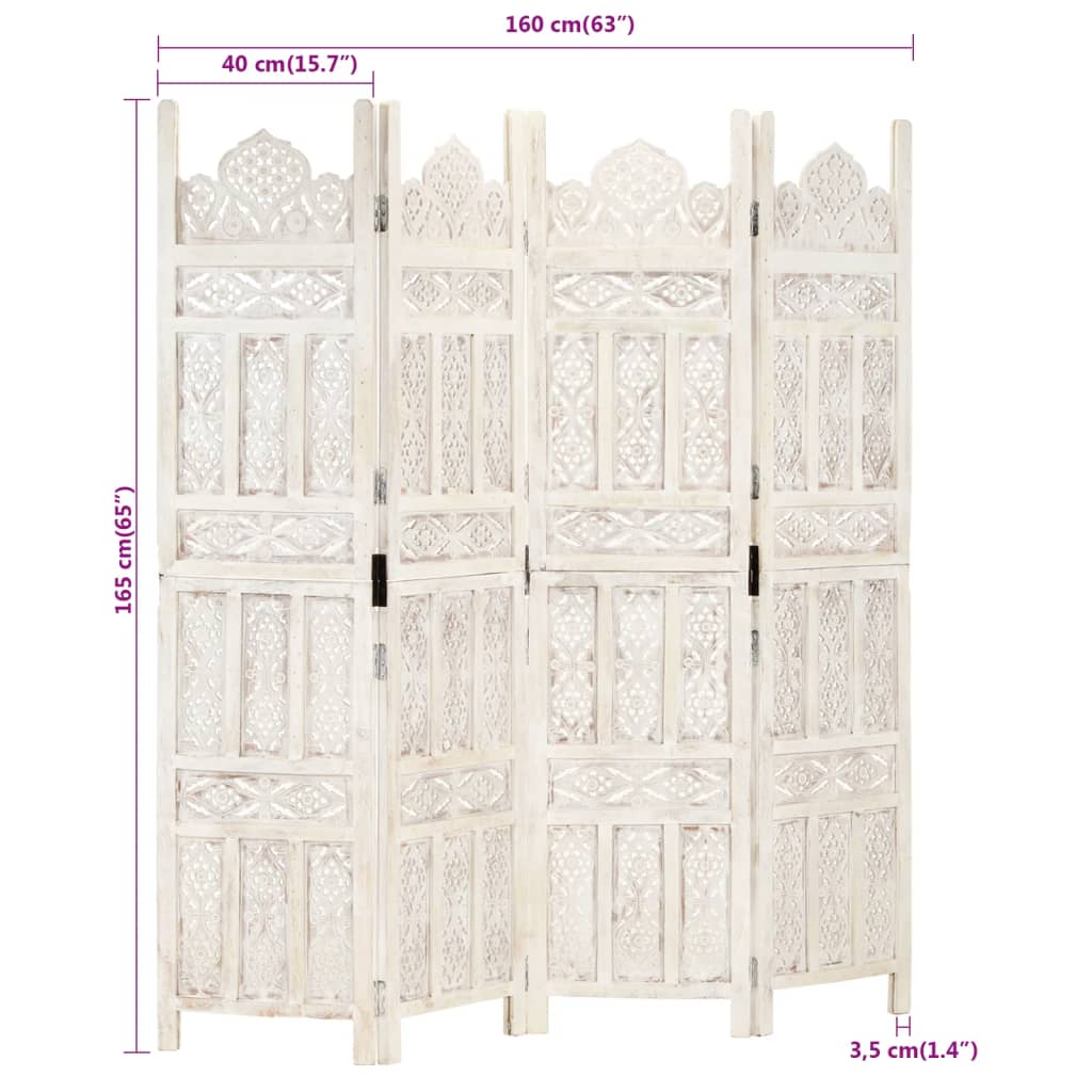 Biombo esculp. mão 5 painéis 200x165cm mangueira maciça branco