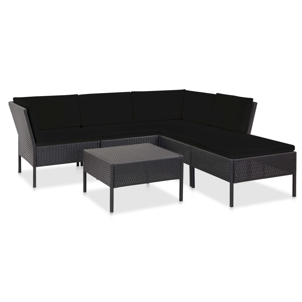 6 pcs conjunto lounge de jardim c/ almofadões vime PE preto