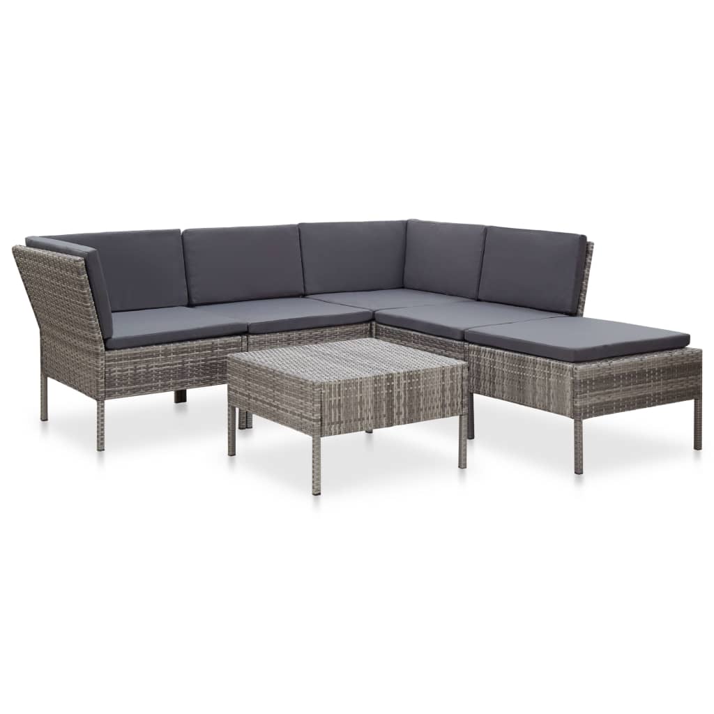 6 pcs conjunto lounge de jardim c/ almofadões vime PE cinzento