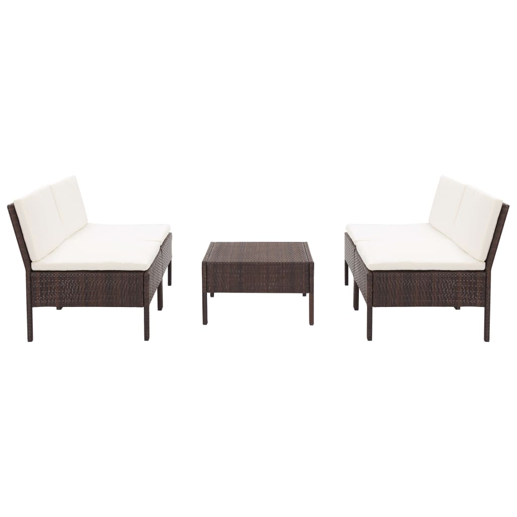 Conjunto sofás de jardim c/ almofadões 5 pcs vime PE castanho