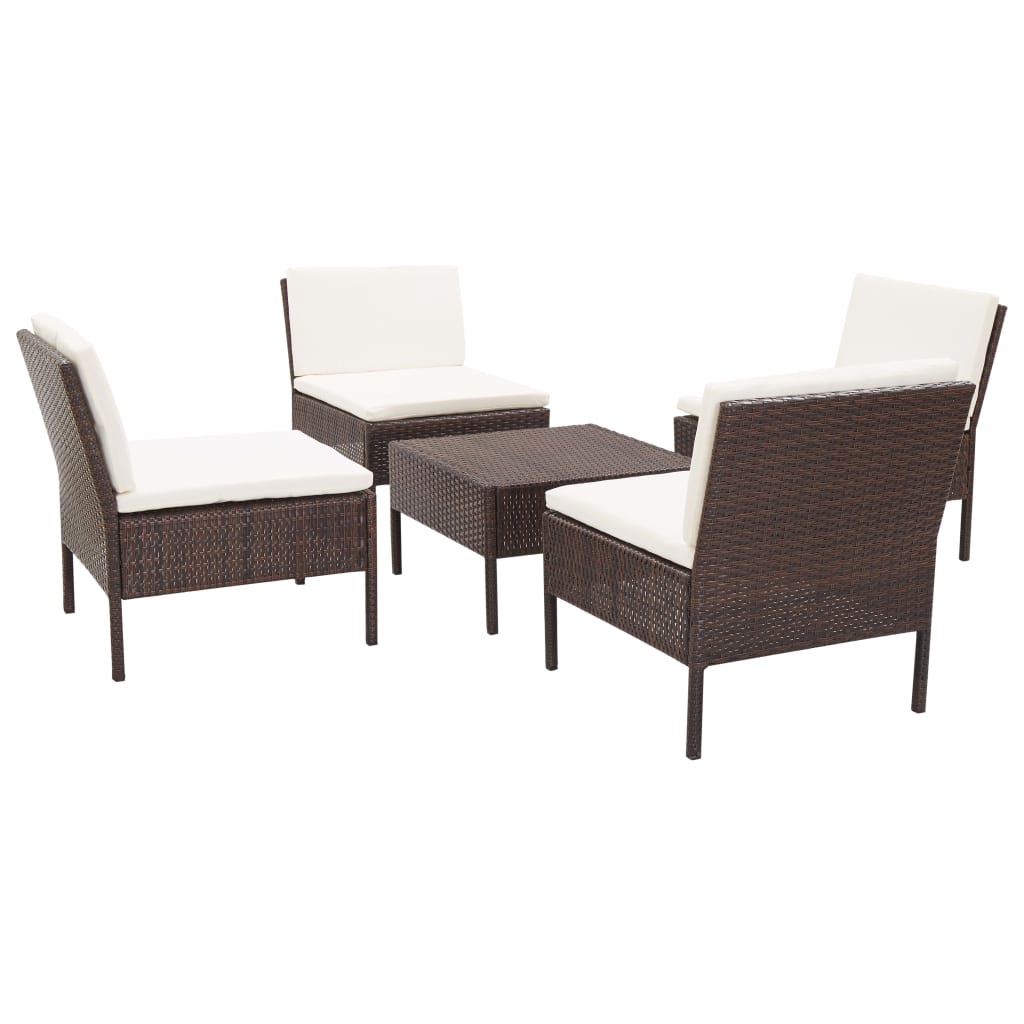 Conjunto sofás de jardim c/ almofadões 5 pcs vime PE castanho