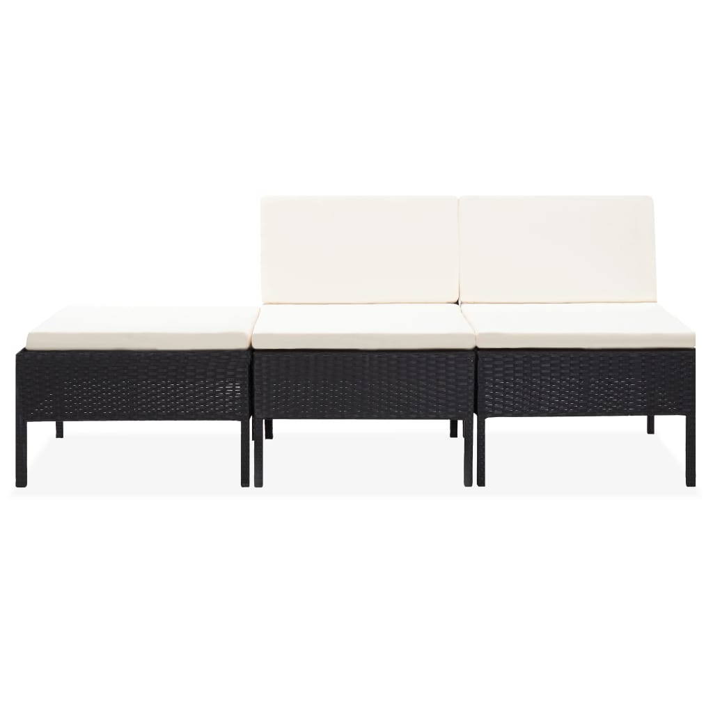 3 pcs conjunto lounge de jardim c/ almofadões vime PE preto