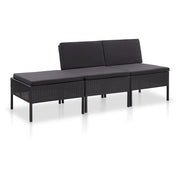 3 pcs conjunto lounge de jardim c/ almofadões vime PE preto