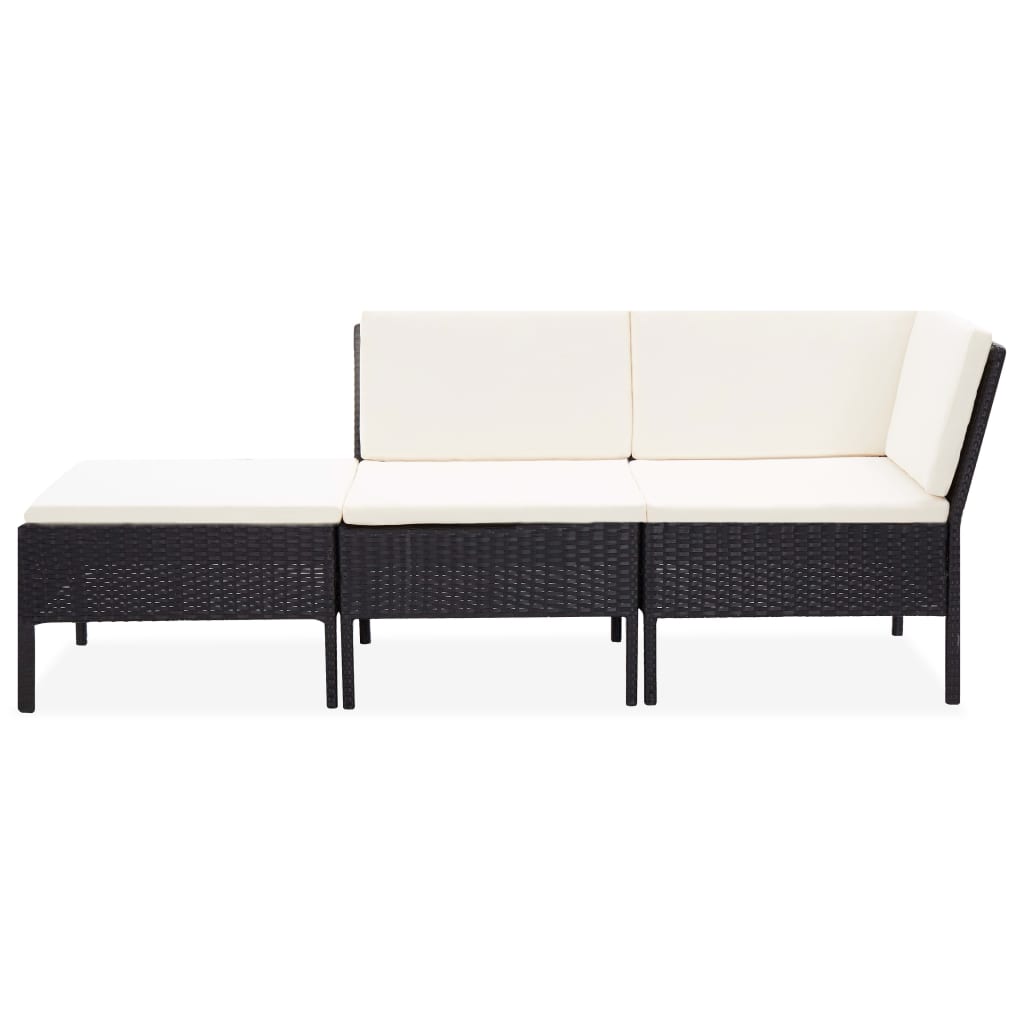 3 pcs conjunto lounge de jardim c/ almofadões vime PE preto