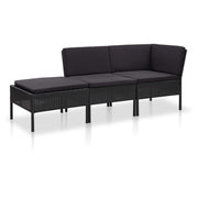 3 pcs conjunto lounge de jardim c/ almofadões vime PE preto