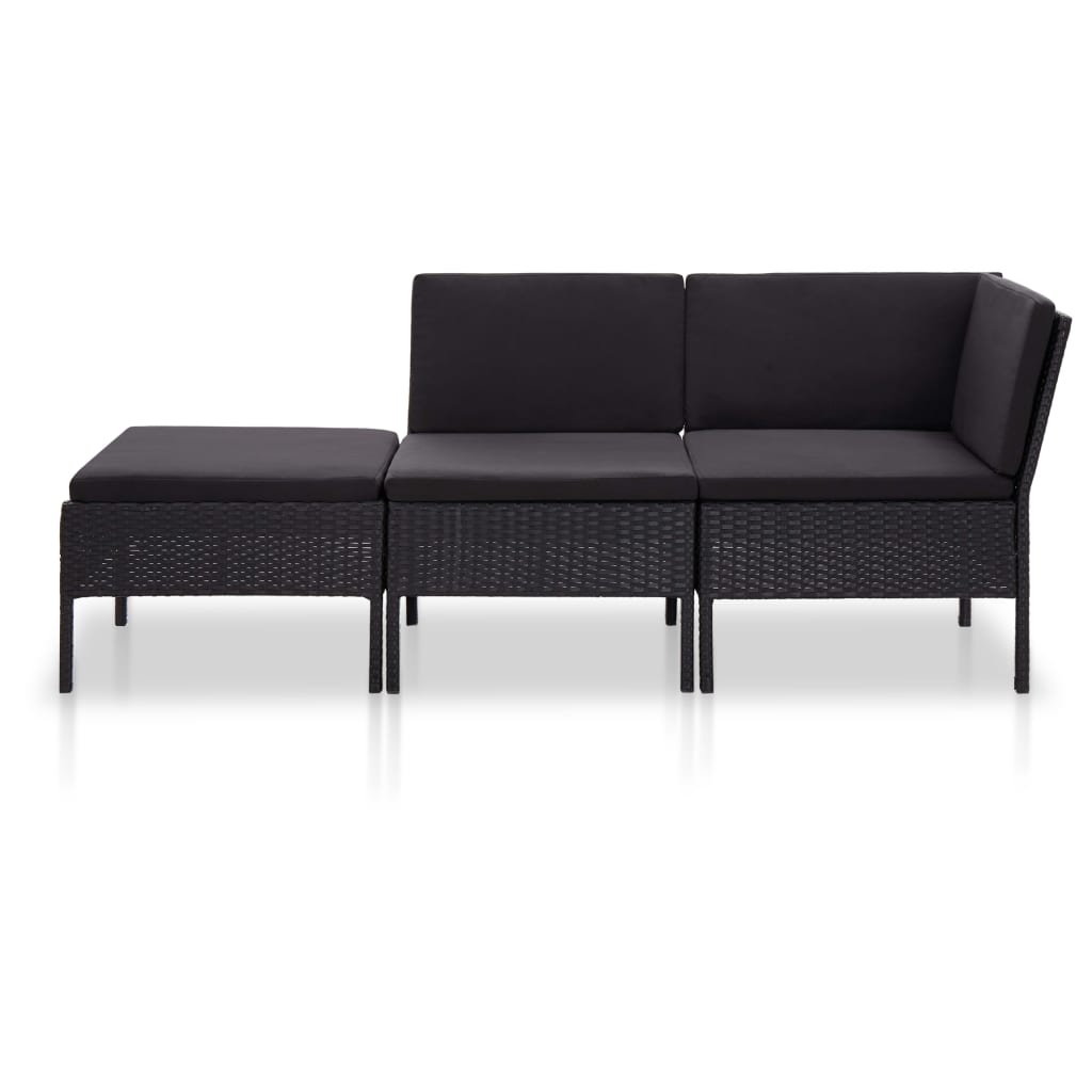 3 pcs conjunto lounge de jardim c/ almofadões vime PE preto