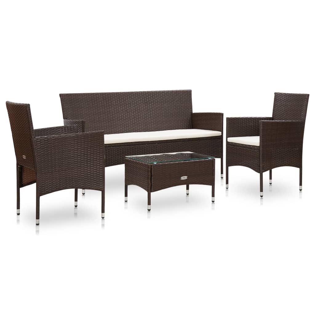 4 pcs conjunto lounge jardim c/ almofadões vime PE castanho