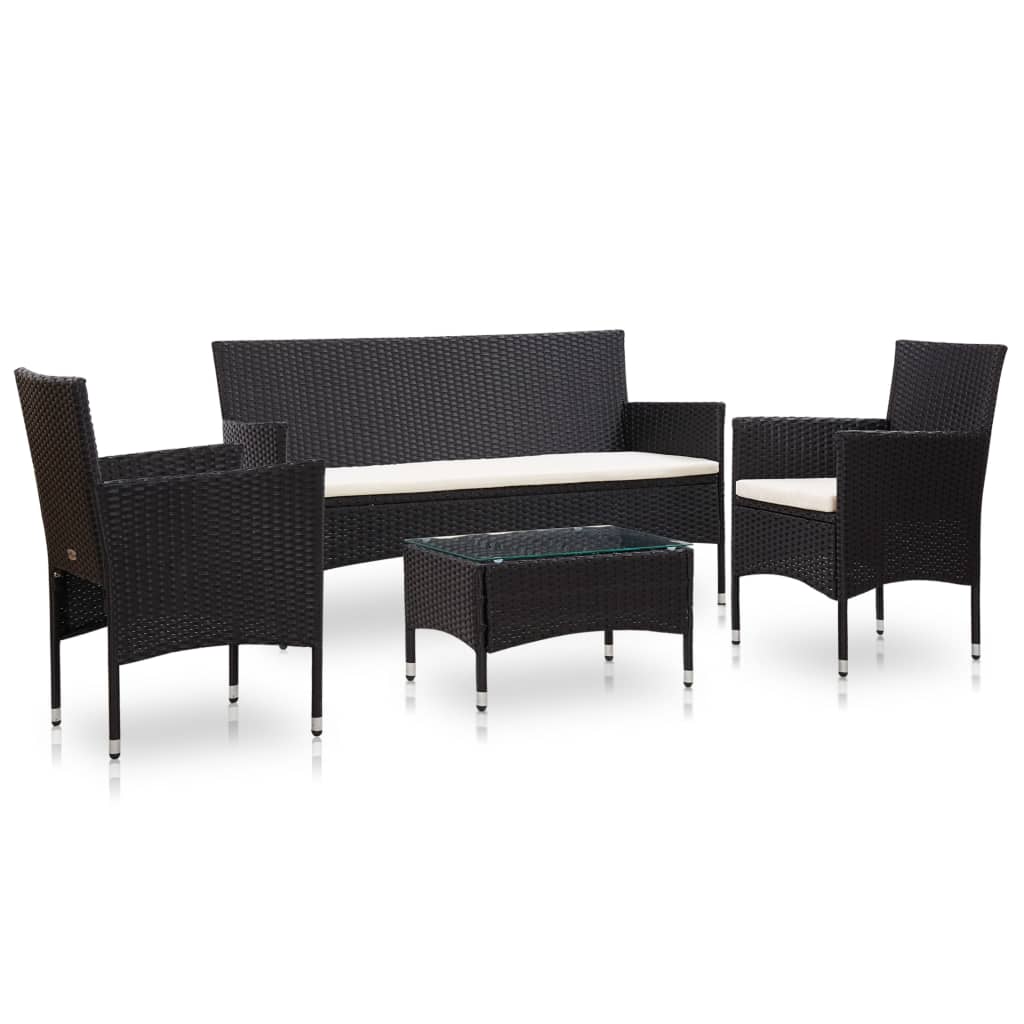 4 pcs conjunto lounge de jardim c/ almofadões vime PE preto